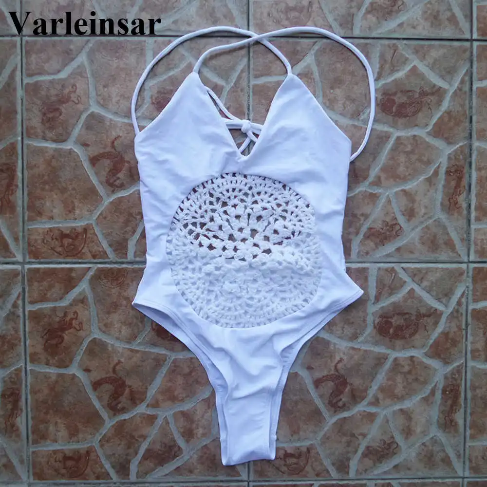 Купальный костюм черного цвета вязанные крючком стринги Цельный купальник