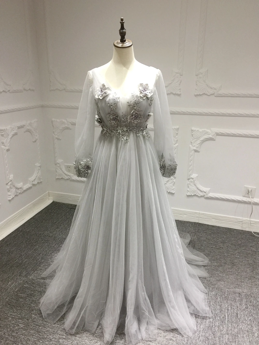 SSYFashion/Новинка; милое фиолетовое и розовое кружевное платье с цветочным узором для выпускного вечера; вечерние платья с длинным рукавом и v-образным вырезом; вечернее платье на заказ - Цвет: Серый