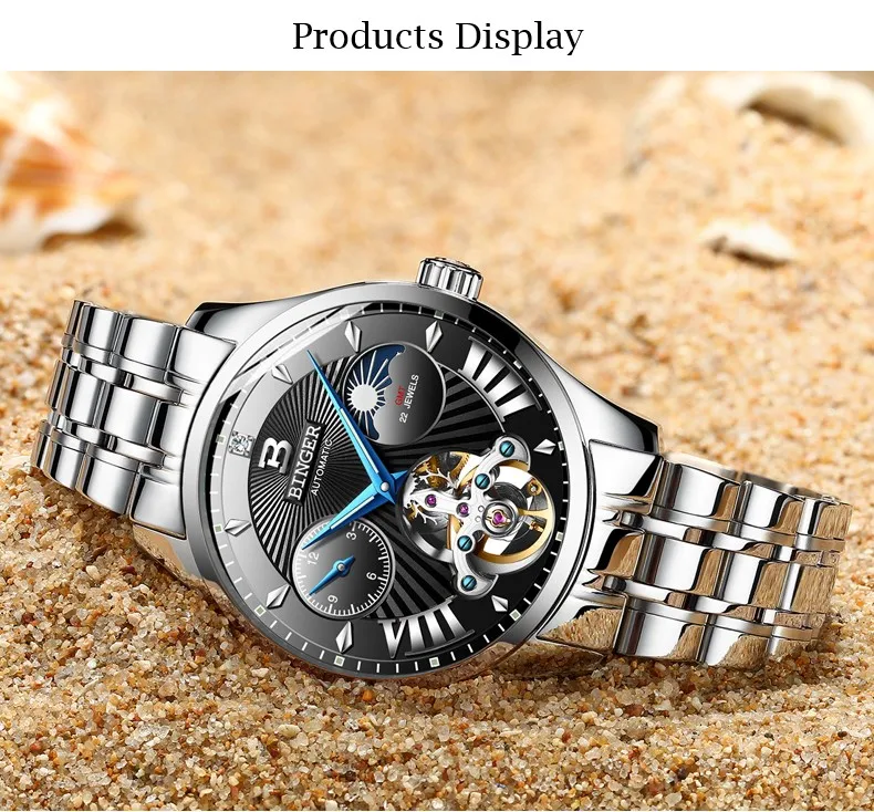 Tourbillon Бингер Мужские часы Роскошные деловые механические часы Мужские автоматические модные водонепроницаемые сапфировые спортивные часы с скелетом