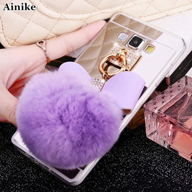 Ainike Rabbit Fur Ball Bowknot Diamond Mirror Soft TPU Phone Back Cover Case For Samsung Galaxy S9 A8 J510 J7 Prime Note5 J5 C9 |
