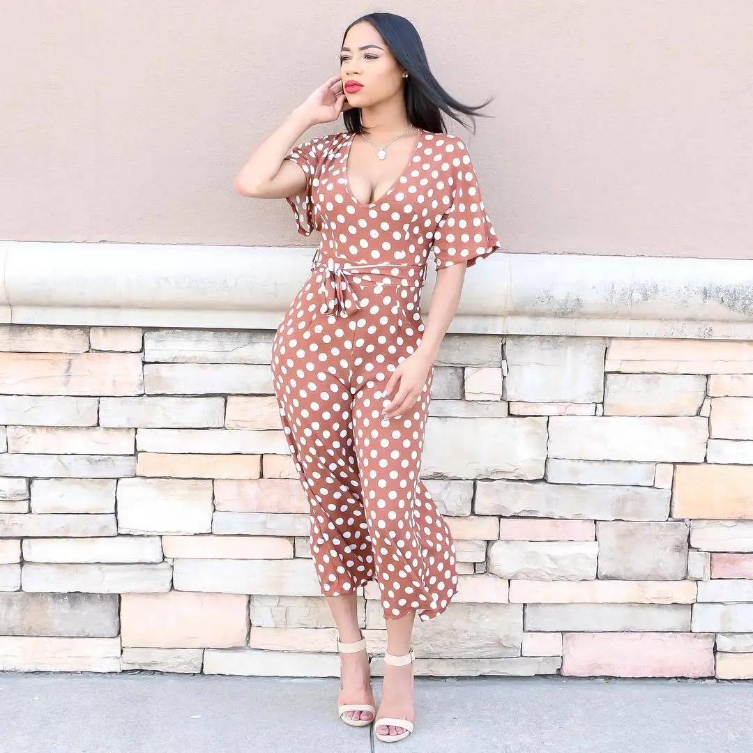 

Elegant Women sexy bodysuit V-Neck Jumpsuits Rompers Dot Bodysuits Casual Wide Leg Pants Jumpsuit