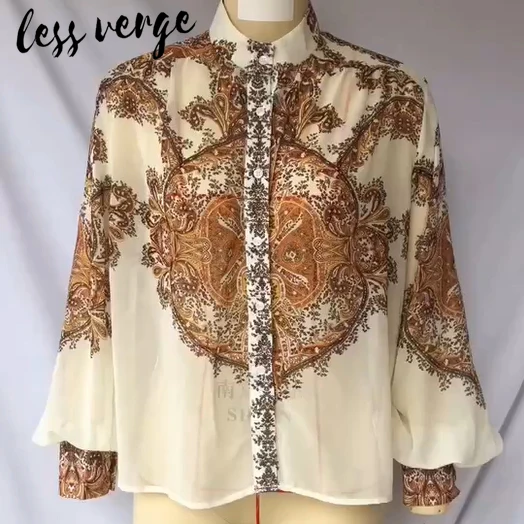 Lessverge шифоновая блузка с рукавом-фонариком и принтом рубашка золотым цветочным
