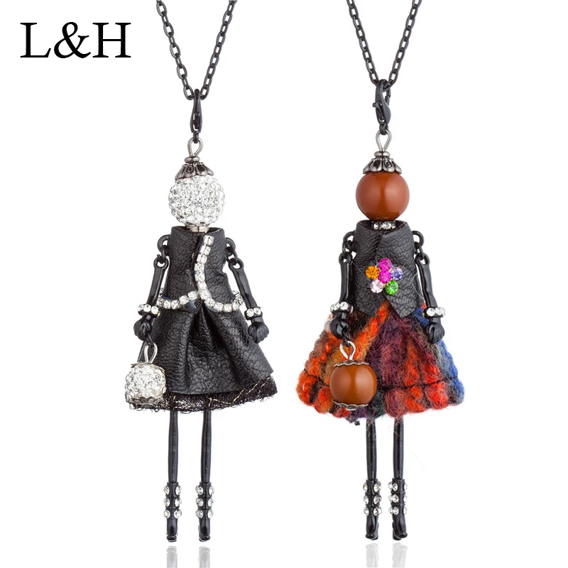 

Black Leather Dress Doll Big Choker Necklaces & Pendants Ball Handbag Paris Girl Charm Kolye For Women Long Statement Jewelry