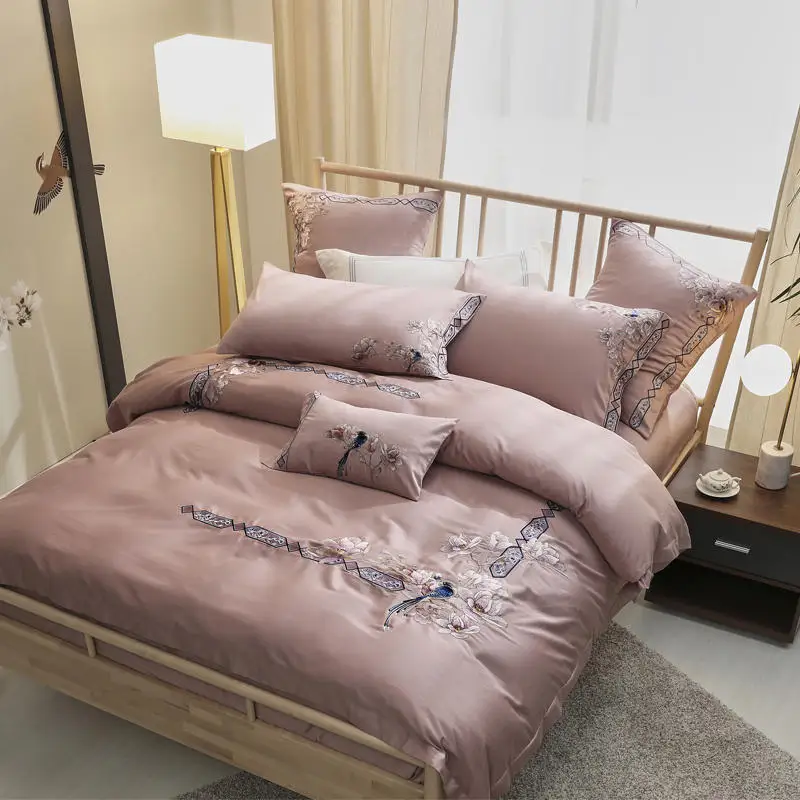 60s long staple cotton Bedding Set luxury embroidery Bed Light pink Duvet Cover Sheet Pillowcases Queen King size | Дом и сад
