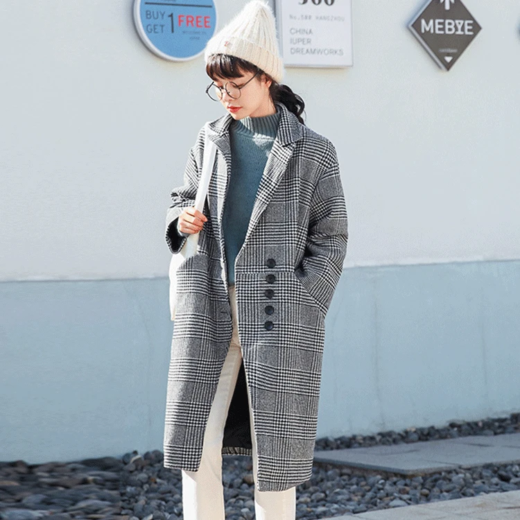 Новое корейское длинное шерстяное пальто однобортное клетчатое и куртка женские