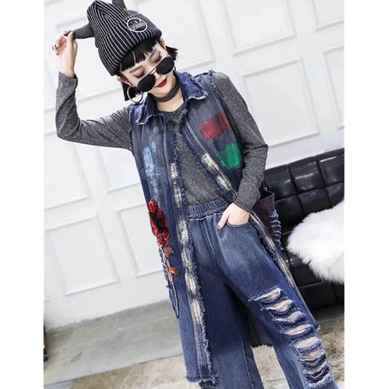 Женский джинсовый жилет с вышивкой и рваными дырками весна-осень новинка женский