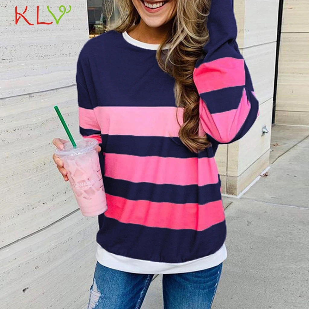 Женская модная футболка в полоску с круглым вырезом и длинным рукавом забавный