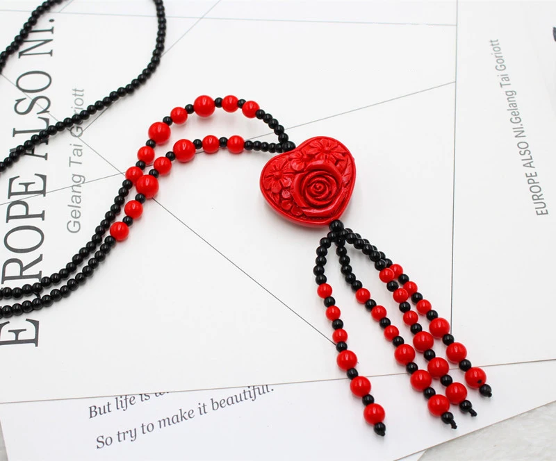 heart flower Красный киноварь резной счастливый кулон ожерелье цепь из бисера Подвески ожерелье s женские ювелирные изделия пересылка подарок - Окраска металла: heart flower