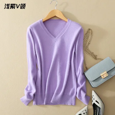 Light purple Хит, женский свитер с v-образным вырезом, модный кашемировый свитер с v-образным вырезом, Одноцветный тонкий сексуальный вязаный пуловер с длинными рукавами, свитер - Цвет: Light purple