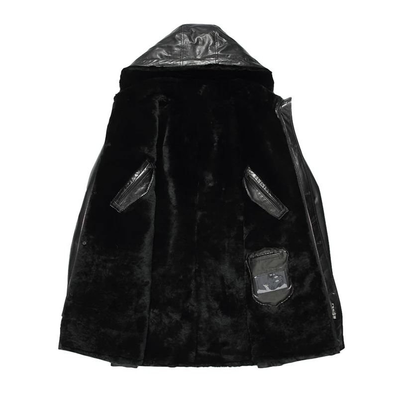 Для Мужчин's Shearling Jacket Черный X-длинное пальто натуральная кожаная куртка с