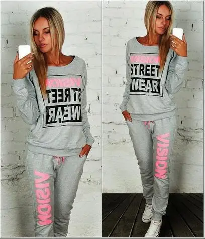 Женский спортивный костюм с круглым вырезом розовый принтом для улицы 2019 |