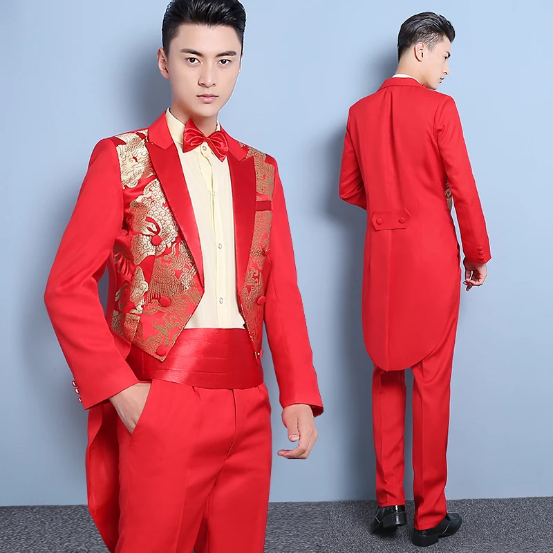 

Men's Red Tuxedo Suit Costume Male Wedding Groom Dress Prom Party Singer Chorus Performance Clothing Host Stage Swallowtail