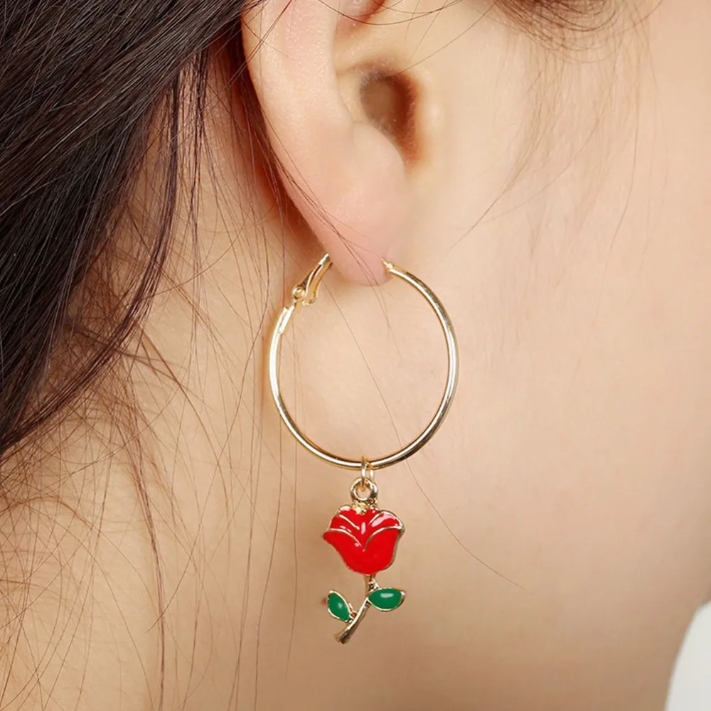 Простые серьги с цветком красивые круглые Круглые Серьги Подвески красной розой