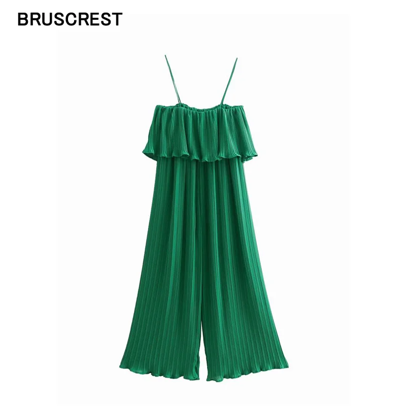 Летние шифоновые зеленые плиссированные комбинезоны женские с эластичной