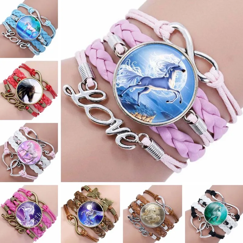 Популярный браслет с узором в виде единорога плетеный многослойный из кожи