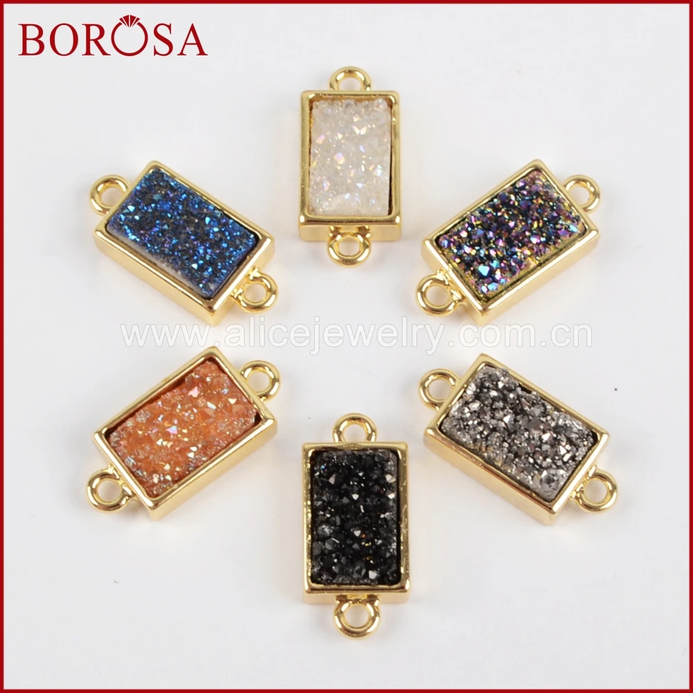 BOROSA Drusy разъем для браслета, Прямоугольник Золотой цвет ободок Радуга титановые кристаллы Друза разъем двойной Bails ZG0154
