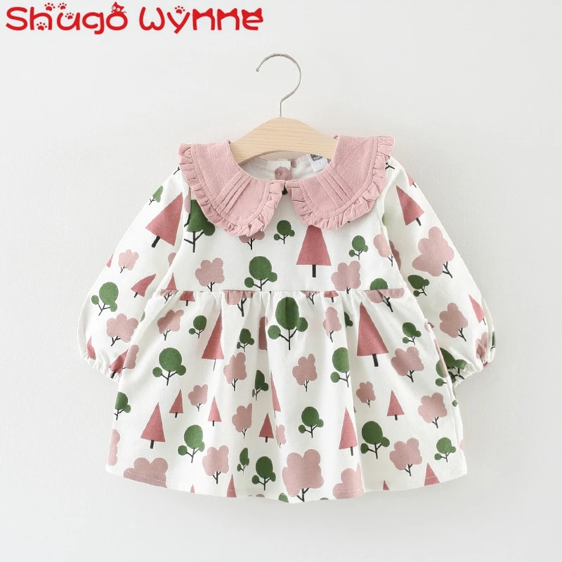 Осень новорожденных девочек хлопок длинный рукав кукла воротник дерево печати