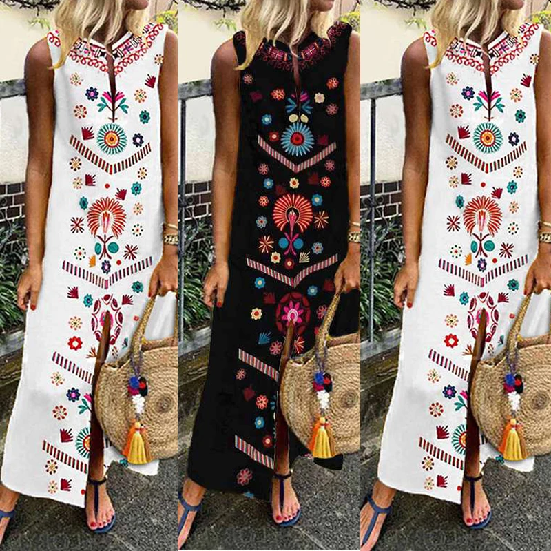 Для женщин летние flpral Boho Повседневное длинное вечерние коктейльное пляжное платье Открытое платье без рукавов, из набивной ткани, с Разделение в этническом стиле платье