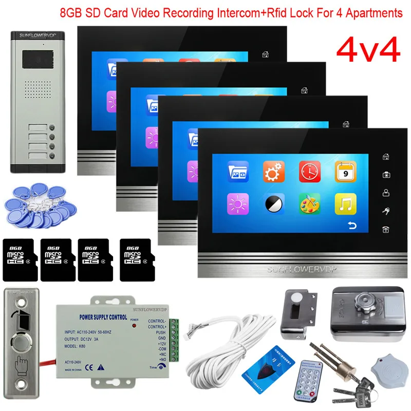SF520-V7OKM-RF-4V4 Для 2 квартиры видео Запись домофон с блокировкой Rfid видеотелефон 8 Гб " Sd карты Крытый монитор 2 единицы Housephone полный комплект - Цвет: SF520-V7OKM-RF-4V4