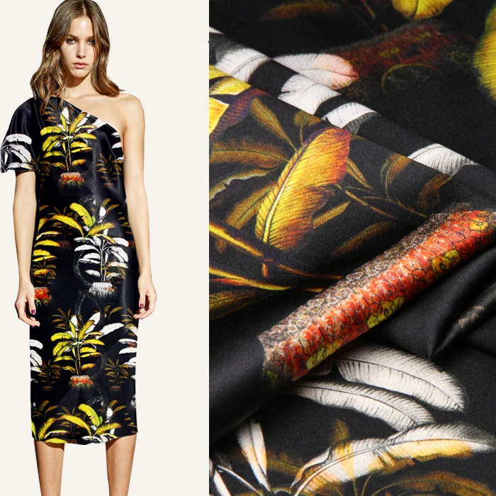 

118CM Wide 19MM 93% Silk & 7% Spandex Trees Print Stretch Silk Satin Fabric for Summer Dress Shirt Clothes Cheongsam D873