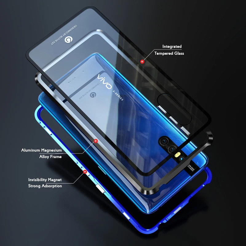 ADKO Luxury Adsorption Magnet Cases for Vivo X27 Metal Case Cover Clear Tempered Glass &amp Aluminum Bumper For Pro |