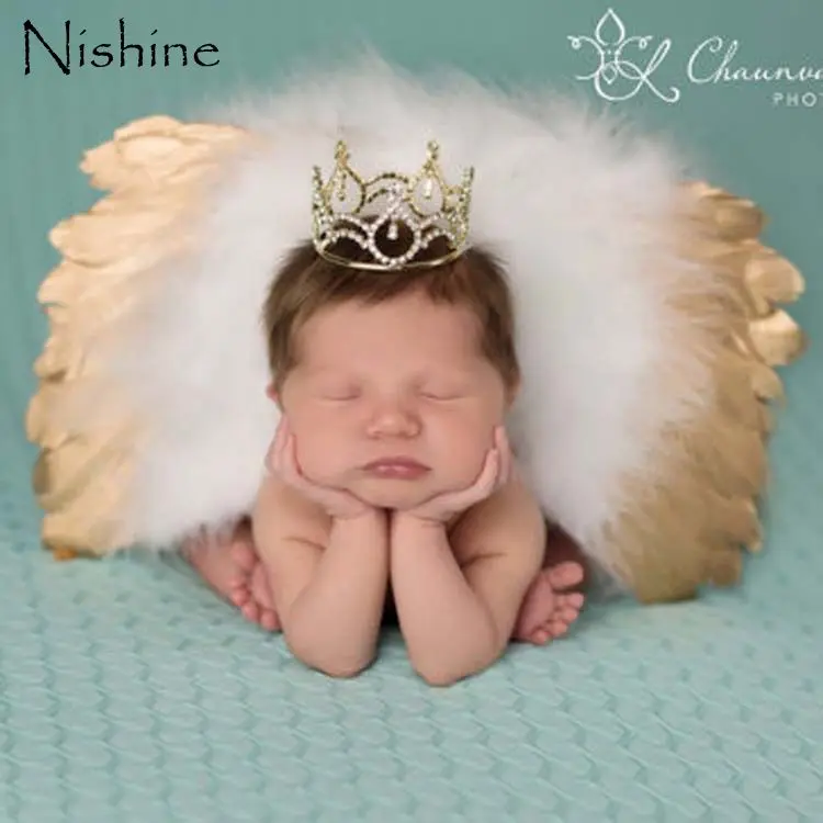 NISHINE 2pcs/set Newborn Baby Boy Girls Feather Gold Angle Wing Cotumes Leaves Headband 1st Birthday Photo Props Tools Outfit