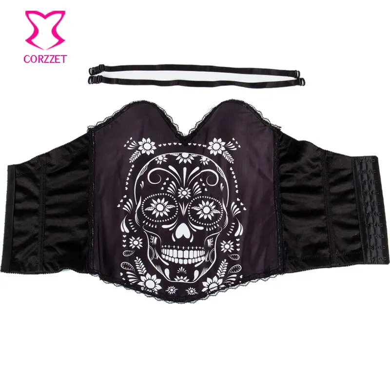Черный хлопок цветочные и принтом черепа Corpetes е Espartilhos сексуальная бурлеск костюм корсет Overbust Бюстье Для женщин corsetto Gotico