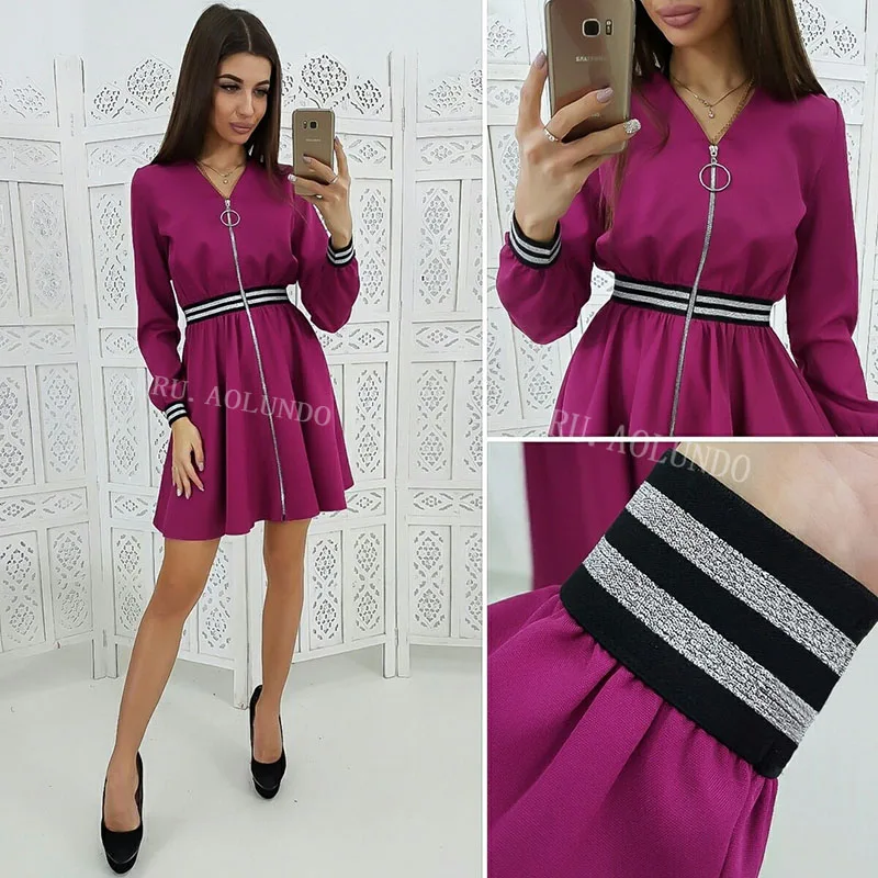 New Striped Webbing Zipper Stitching Dress Women 2019 Spring Slim V-Neck Long Sleeve Casual A-Line Mini Dresses | Женская одежда