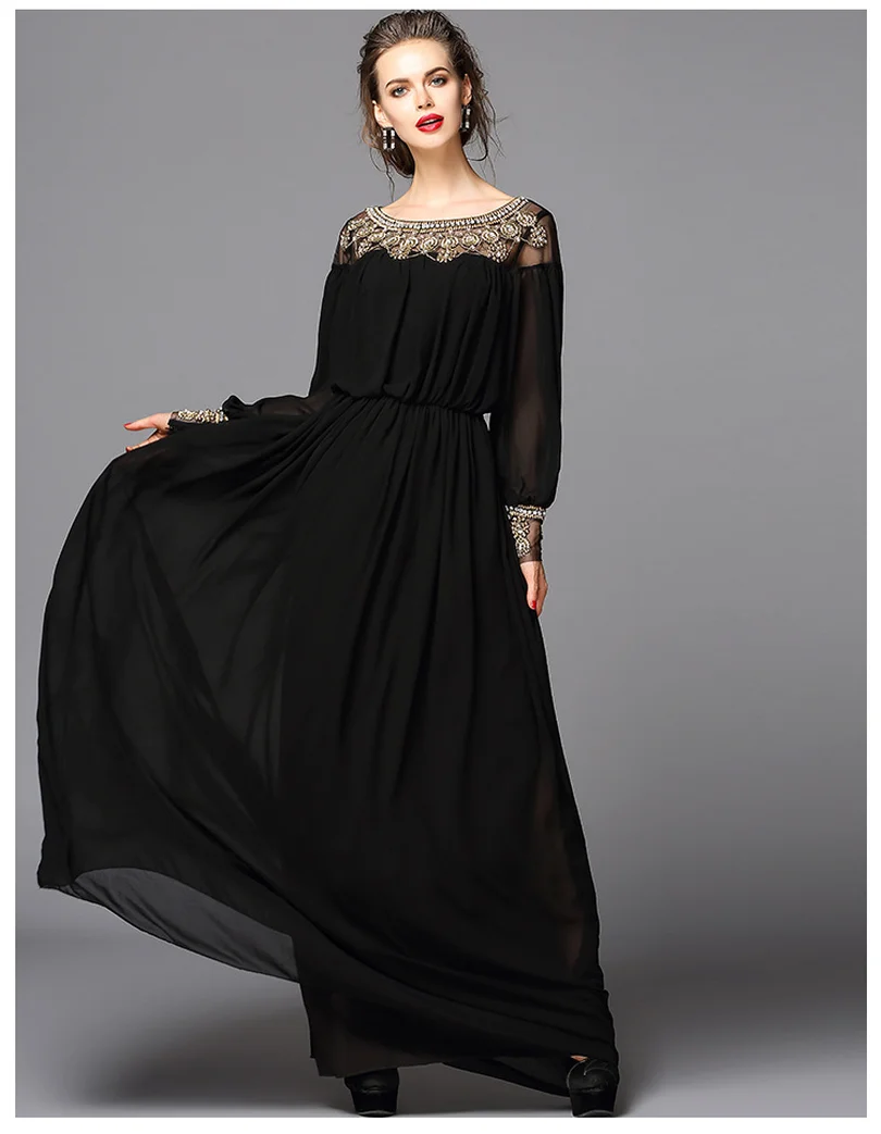 Длинное шифоновое платье в пол с бусинами и длинными рукавами Дубае женское