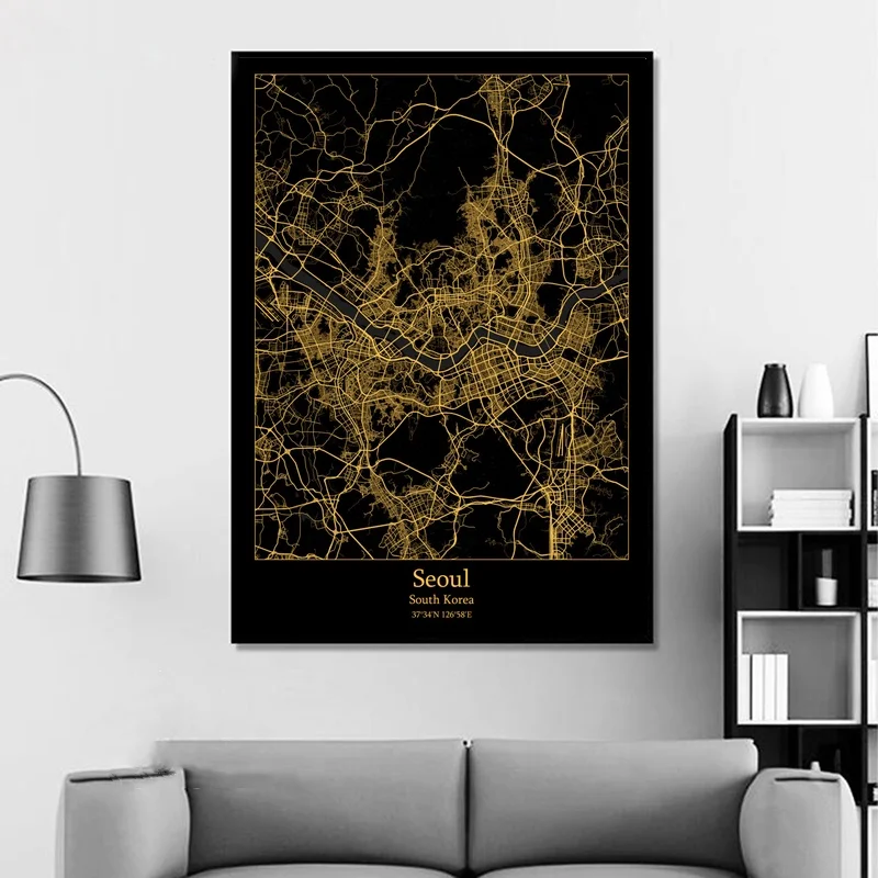 Сиэтл Sendai Сеул Севилья Шанхай Современная Золотая карта города холст