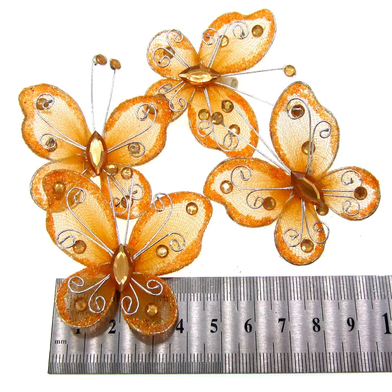 10 шт. 2 дюймовые оранжевые Бабочки из нейлоновой органзы с сеткой и стразами