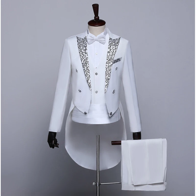 white Shenrun Men Fashion Tailcoats Slim Fit Tuxedos Pattern Peak Lapel Wedding Grooms Party Prom Stage Costumes Singers Skinny Suits - Цвет: white