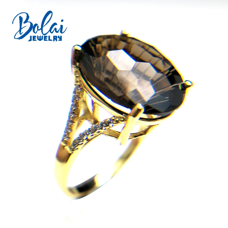 Bolaijewelry, натуральный oval13* 18 мм футбольный огранка дымчатый кварц драгоценный камень кольцо 925 стерлингового серебра ювелирные украшения хороший подарок для женщин