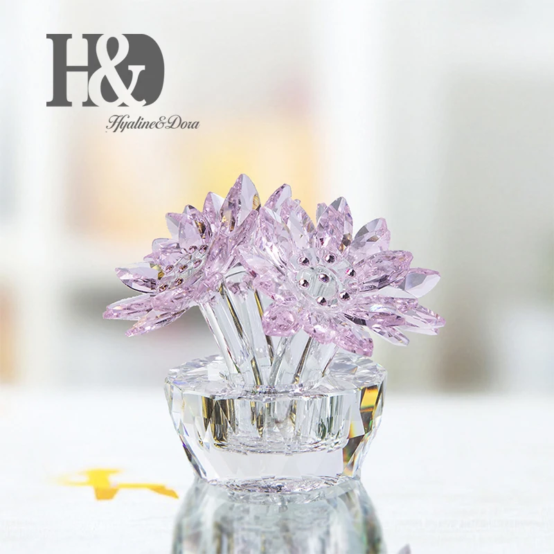 H&D Gift For Mother 2.6'' Crystal Lotus Flower Figurine Glass Fengshui Ornaments Paperweight with Gift Box Home Table Decoration