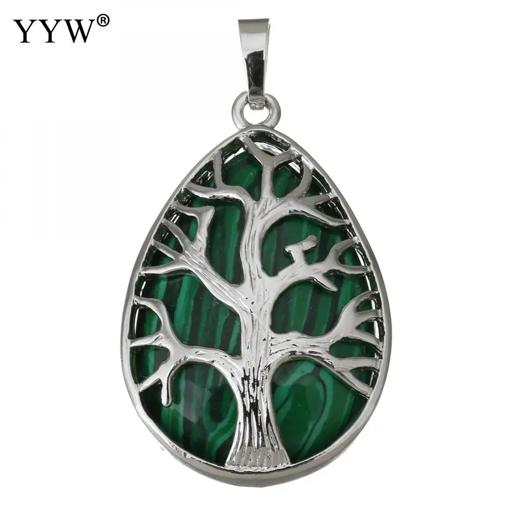malachite Серебряный Цвет Древо жизни провода Обёрточная бумага в форме капли воды для женщин с натуральным драгоценным камнем тигровый глаз/красный кулон Подвески для изготовления ювелирных изделий - Окраска металла: malachite