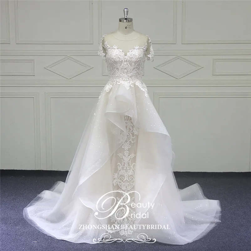 Beautybridal Custom made lace Beads Wedding Dresses round illusion neckline wedding gown short sleeves Vestido de Noiva LS706 | Свадьбы и