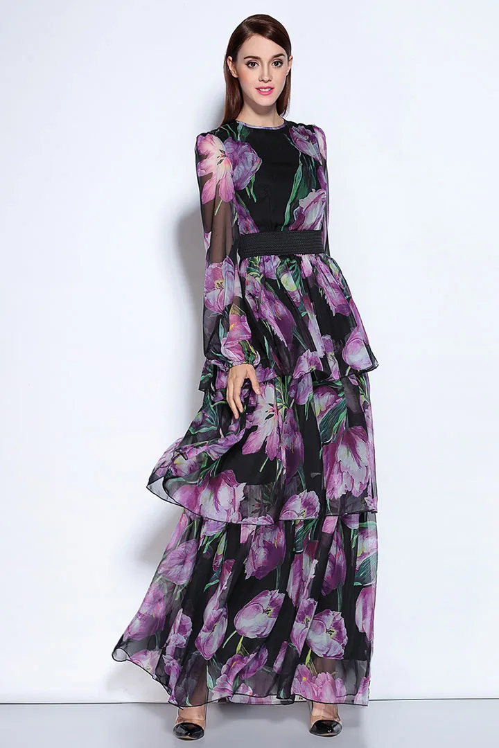 Женские модельные Платья-макси с круглым вырезом длинным рукавом и цветочным