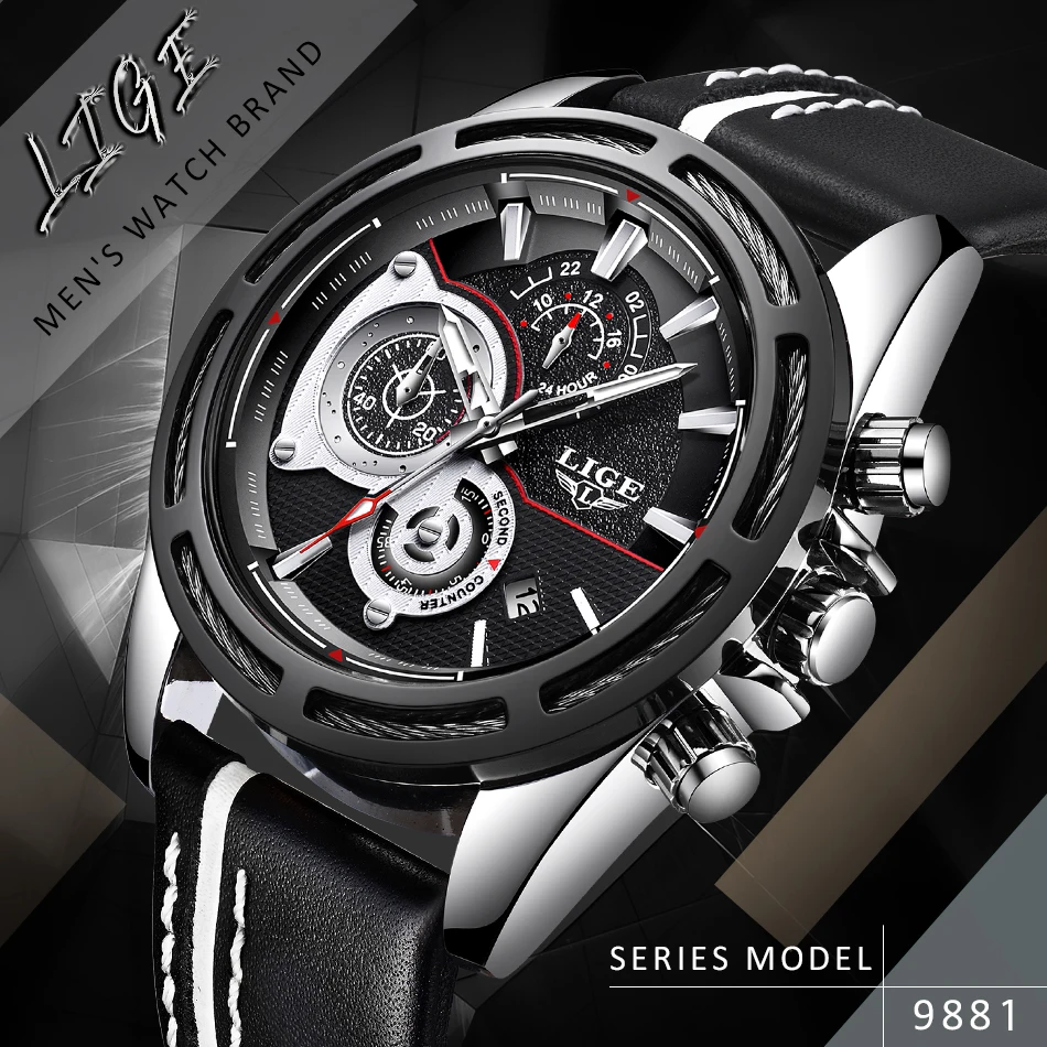 Relojes Hombre, новинка, кварцевые наручные часы LIGE, мужские часы с большим циферблатом, серебристые, черные, кожаные часы, мужские спортивные водонепроницаемые часы с хронографом