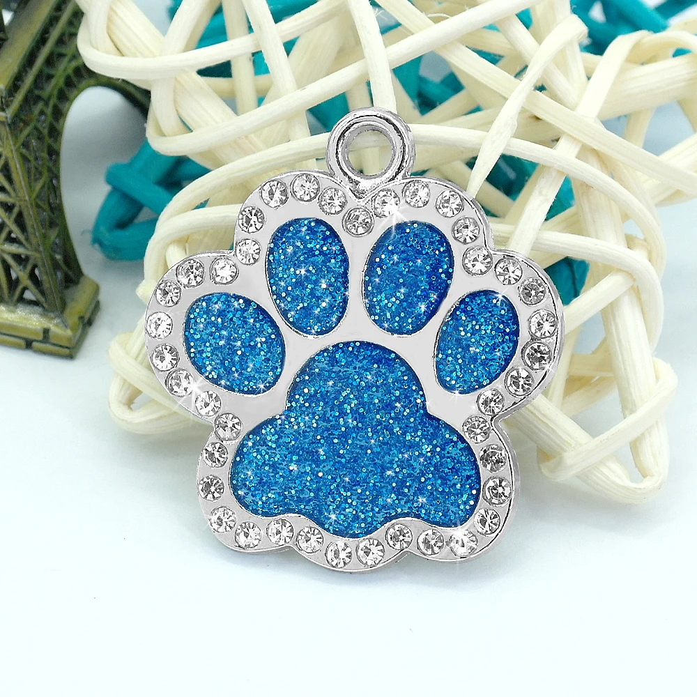 Blue Блестящая кошечка, ID тег, подвеска, персонализированный котенок, щенок, именные ярлыки в форме лапы, анти-потеря, табличка для питомца, блестящие стразы, бесплатный подарок, колокольчик - Цвет: Blue