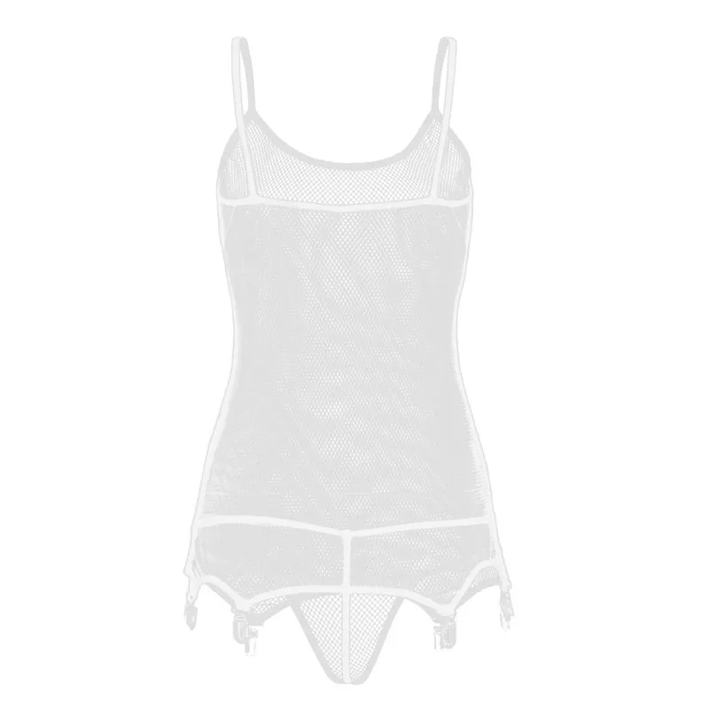 2Pcs Sexy Women Fishnet Lingerie Spaghetti Shoulder Straps Corset with Suspenders Clips Stockings Teddy Bodysuit with Briefs