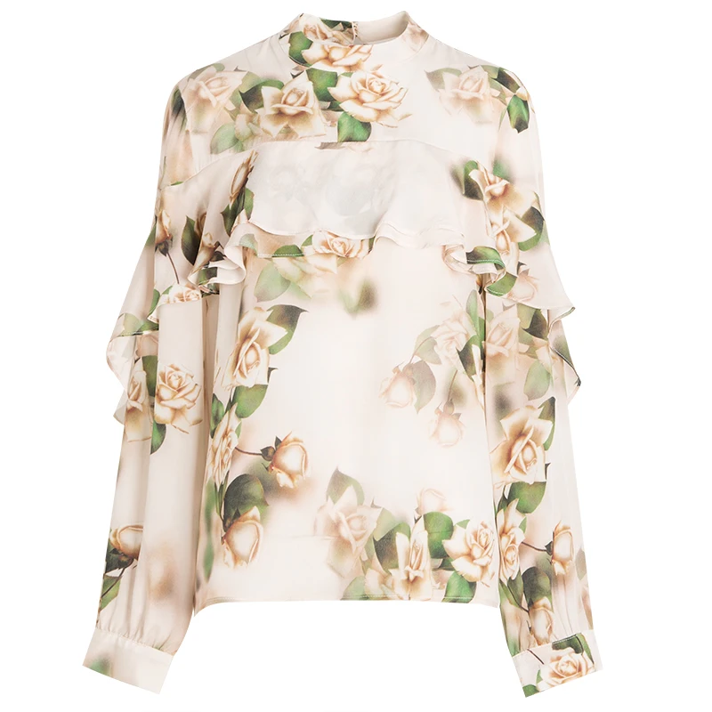 Женская шелковая блузка из 100% натурального шелка с оборками цветочным принтом и