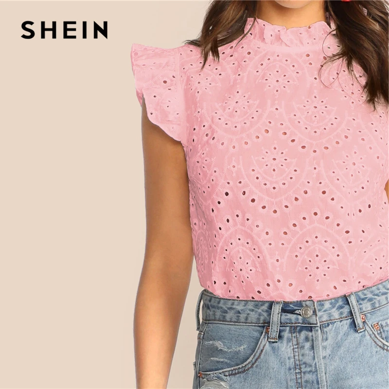 SHEIN модный топ с рюшами, вышивкой и ушками, Boho, белый, розовый, однотонный, без рукавов, со стоячим воротником, блузка, Женские топы и блузки