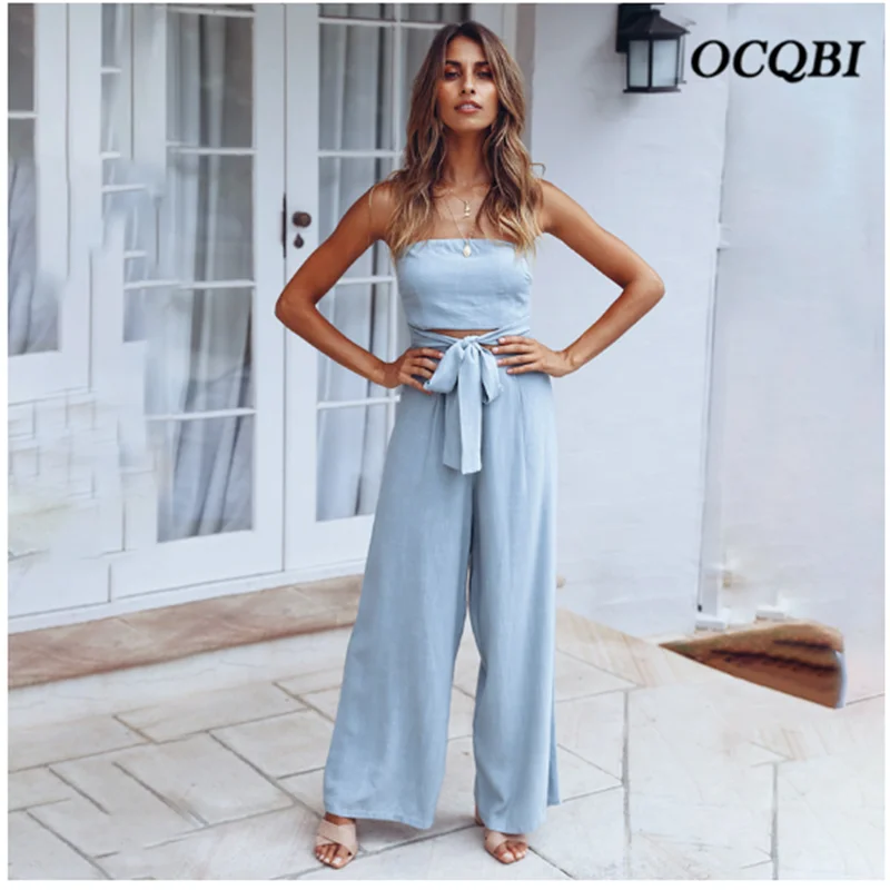 

Jumpsuits Boot Cut Plus Size 2019 Long Casual Women Print Blue Lace Up Summer Jumpsuits