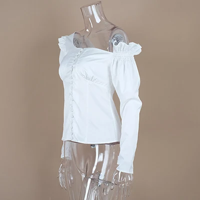 White OOTN, Женская Асимметричная туника с длинным рукавом, блузка с рюшами, белая рубашка, женская рубашка на одно плечо,, весна-лето, модная новинка - Цвет: White