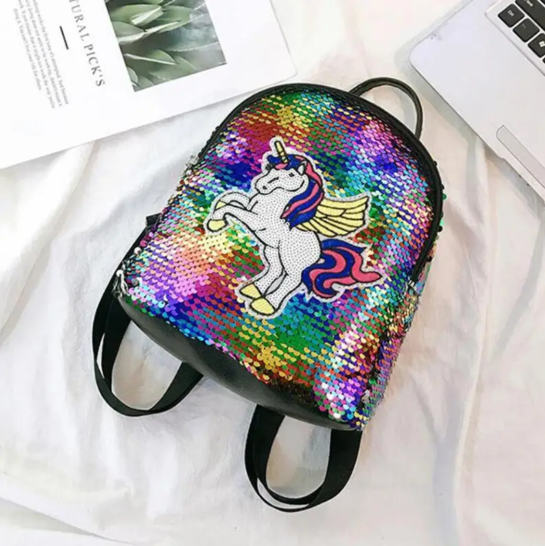 Multicolor Женский рюкзак с изображением единорога, мини-рюкзак из искусственной кожи с блестками, школьная сумка для девочки-подростка, дорожная сумка, мультяшный рюкзак - Цвет: Multicolor