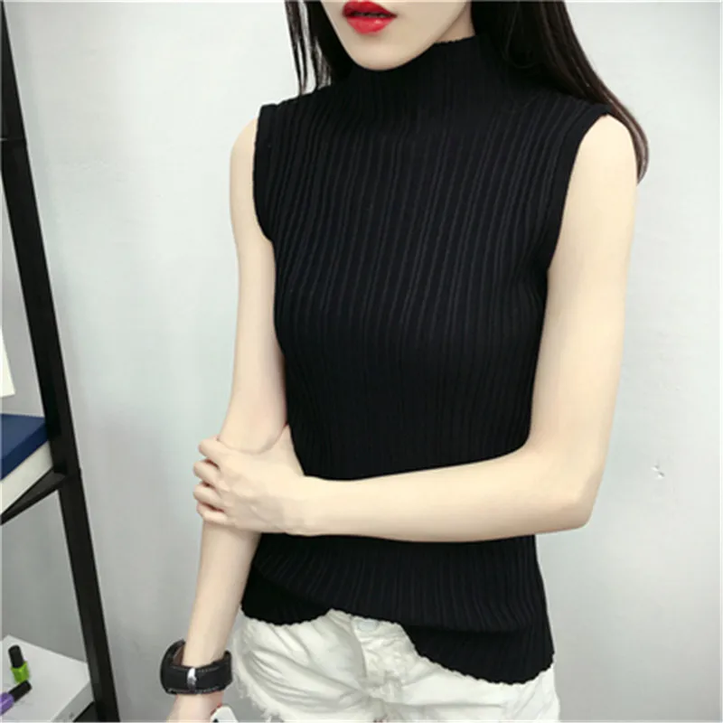 Женский базовый топ без рукавов тонкая трикотажная футболка водолазка черного и