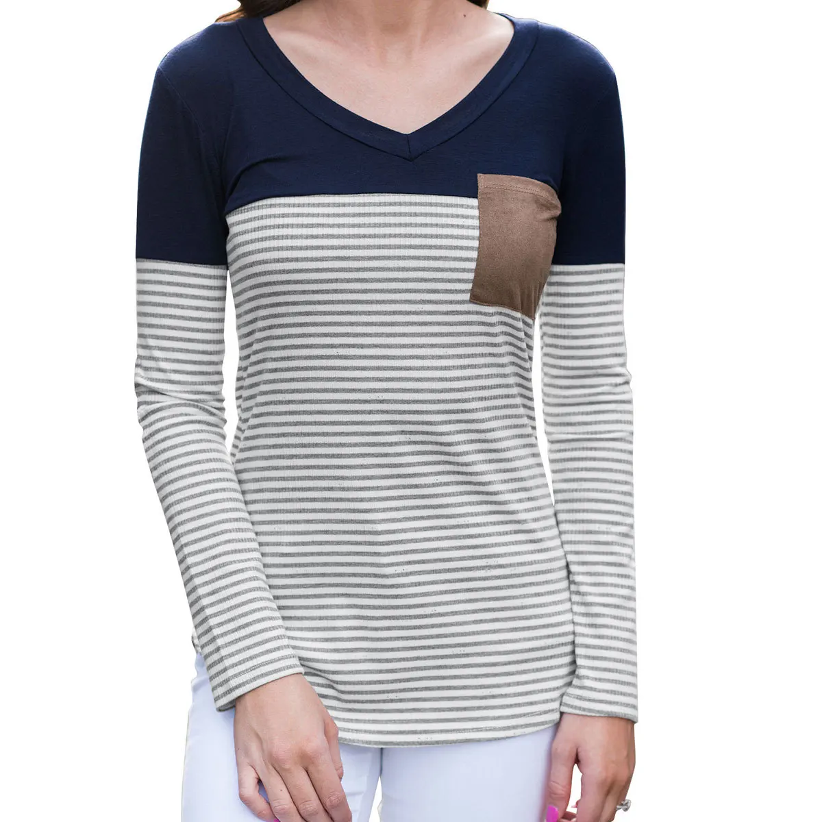 Плюс Размеры мода осень Для женщин Повседневное полосатые Лоскутные карманы