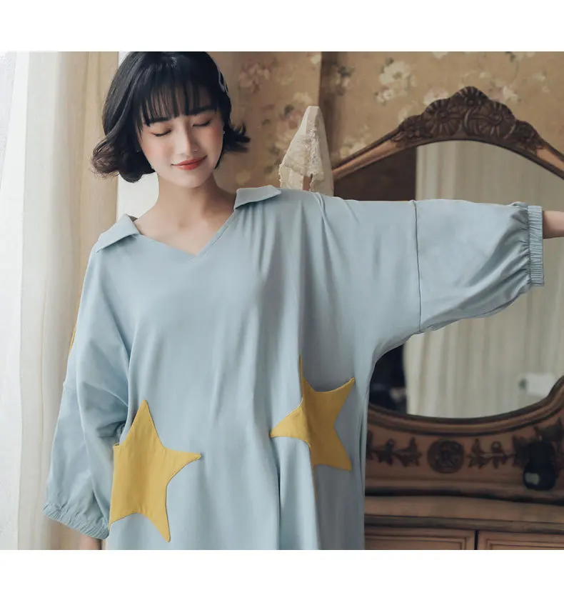 New Stars Nightgown Sleep Wear Blue Night Shirt Home Dress Blue Cotton Nightwear Women Plus Size Plain Nightdress Nighty