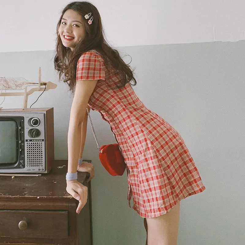 

Vintage Plaid Elegant Mini Dress Women New 2019 Spring Summer Single-Breasted Shirt Dresses Slim Waist A-Line Dress Vestidos D94