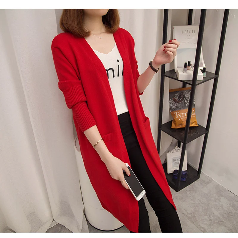 Женский длинный кардиган с карманами Свободный вязаный свитер большого размера